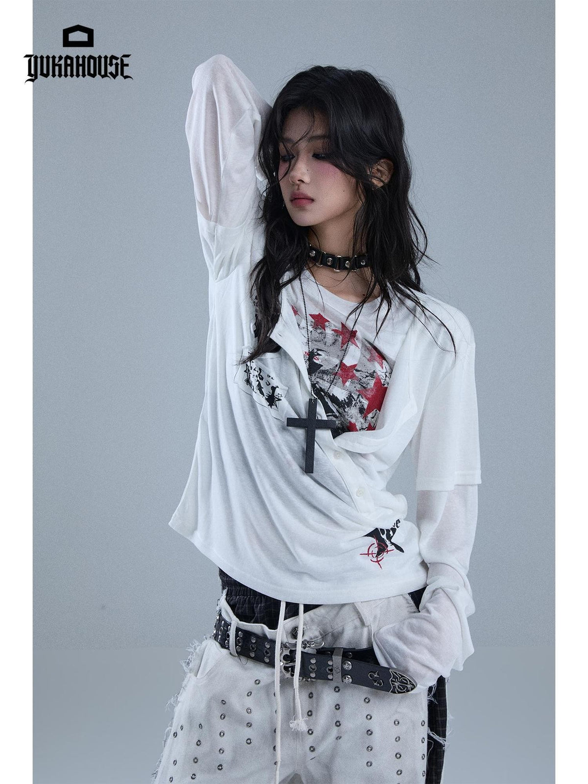 YUKAHOUSE Y2k Patchwork Print Faux Layered Gothic Women's Lyocell Long Sleeve T-shirts