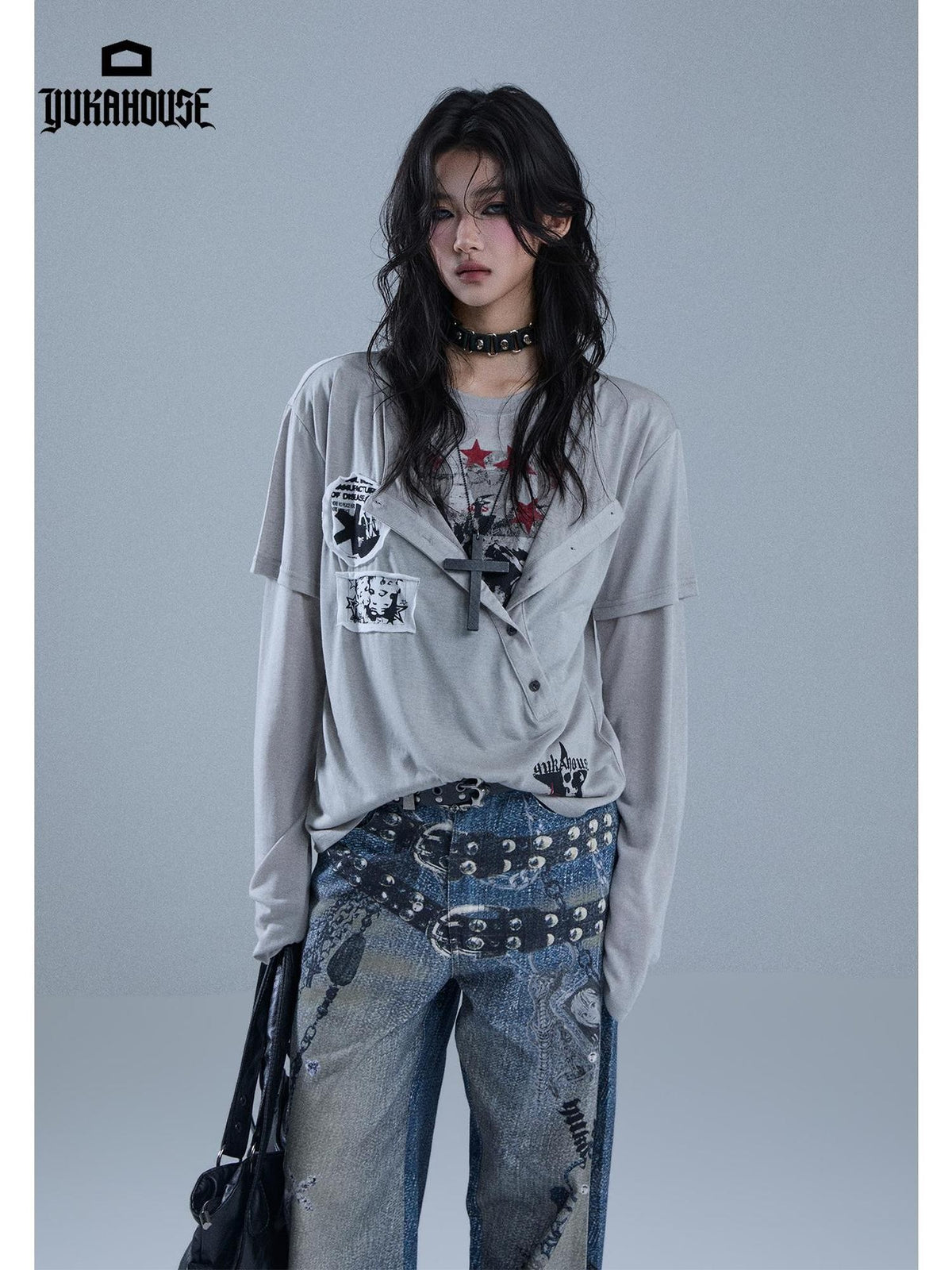 YUKAHOUSE Y2k Patchwork Print Faux Layered Gothic Women's Lyocell Long Sleeve T-shirts