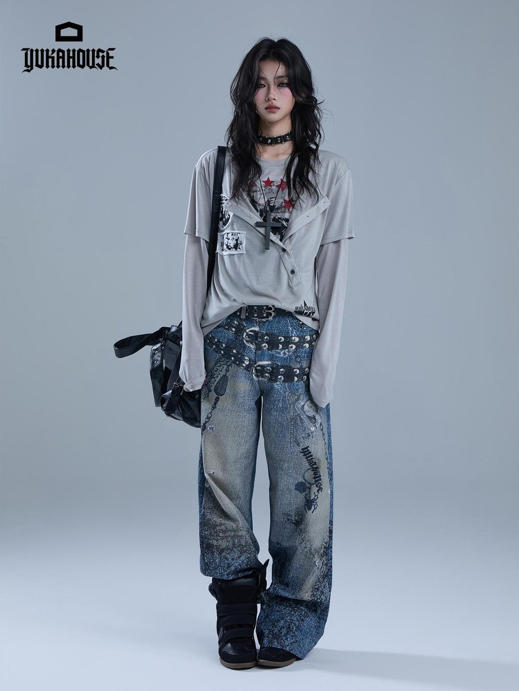 YUKAHOUSE Y2k Patchwork Print Faux Layered Gothic Women's Lyocell Long Sleeve T-shirts