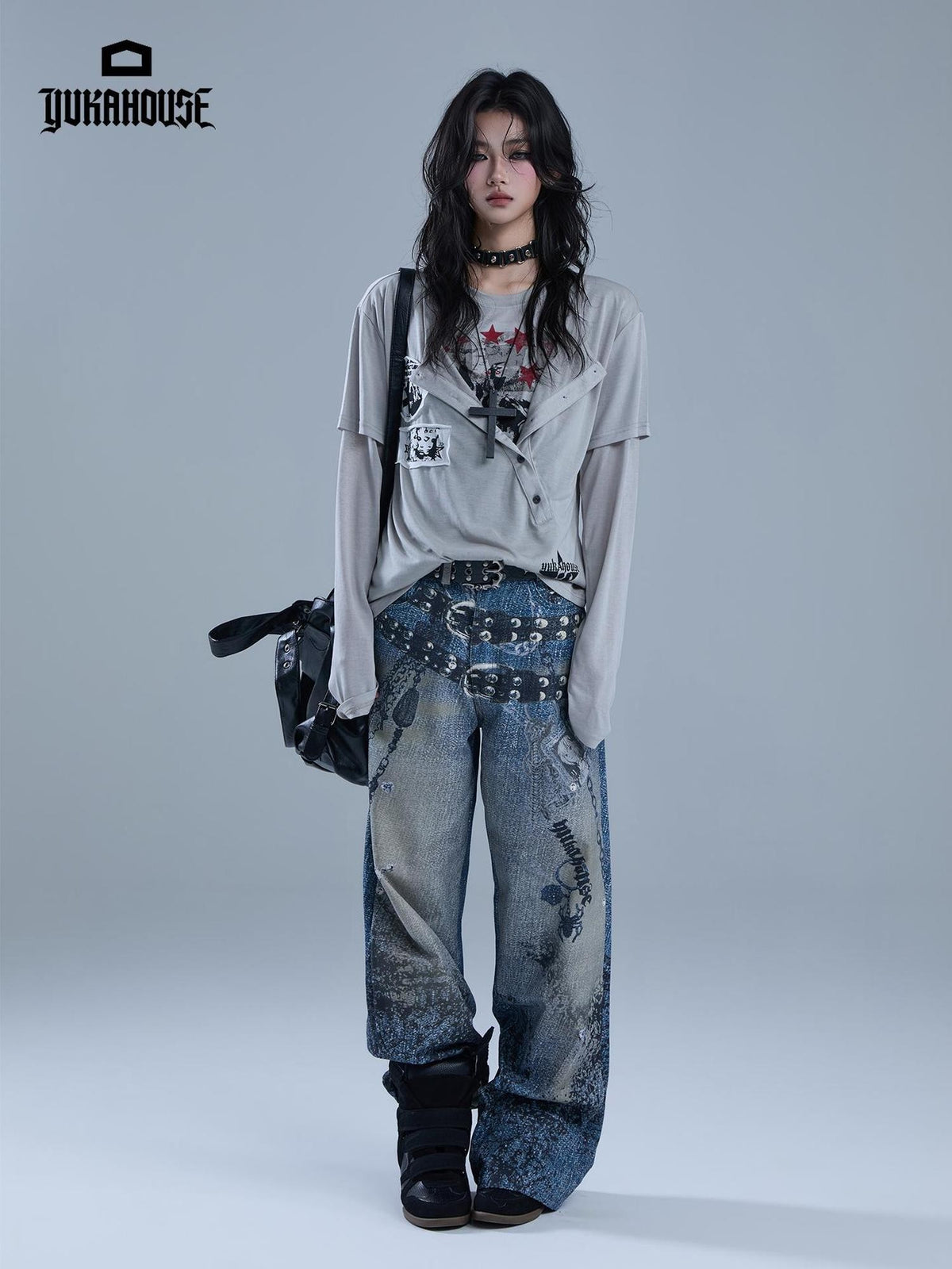 YUKAHOUSE Y2k Patchwork Print Faux Layered Gothic Women's Lyocell Long Sleeve T-shirts