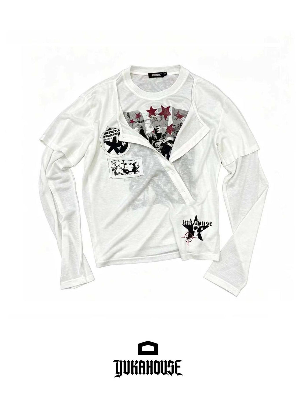YUKAHOUSE Y2k Patchwork Print Faux Layered Gothic Women's Lyocell Long Sleeve T-shirts