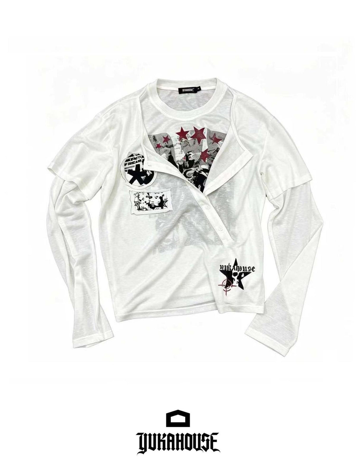 YUKAHOUSE Y2k Patchwork Print Faux Layered Gothic Women's Lyocell Long Sleeve T-shirts