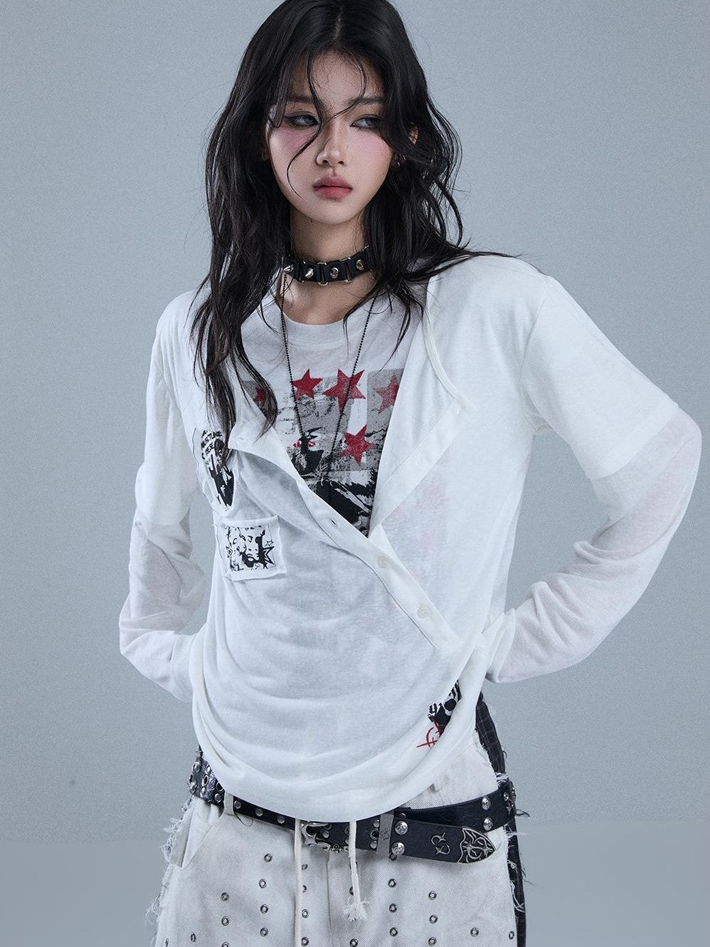 YUKAHOUSE Y2k Patchwork Print Faux Layered Gothic Women's Lyocell Long Sleeve T-shirts