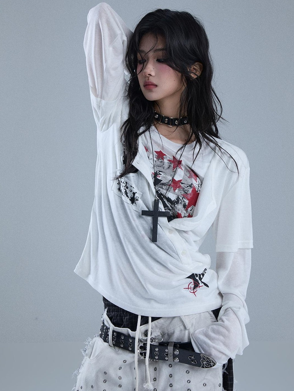 YUKAHOUSE Y2k Patchwork Print Faux Layered Gothic Women's Lyocell Long Sleeve T-shirts