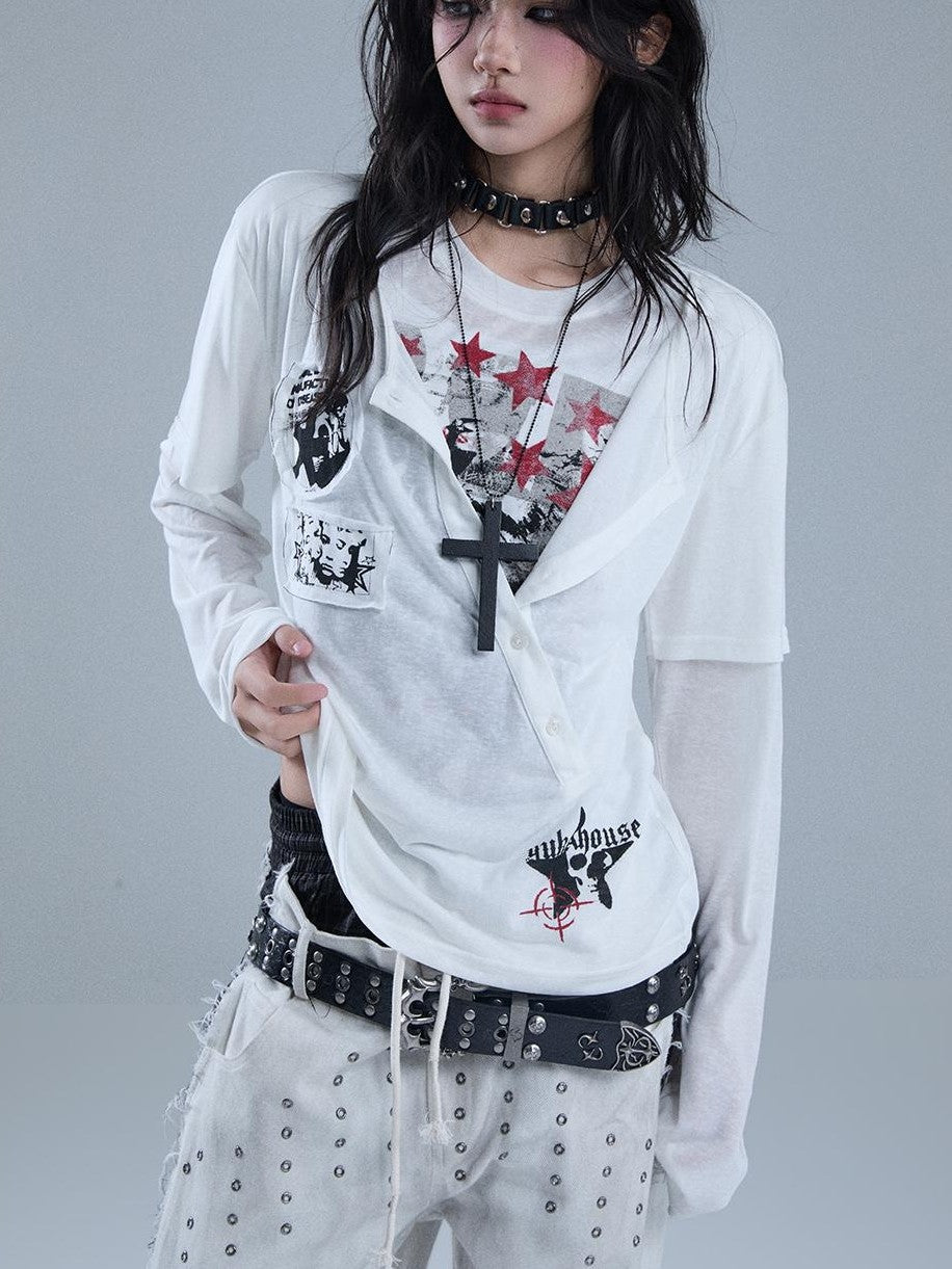 YUKAHOUSE Y2k Patchwork Print Faux Layered Gothic Women's Lyocell Long Sleeve T-shirts