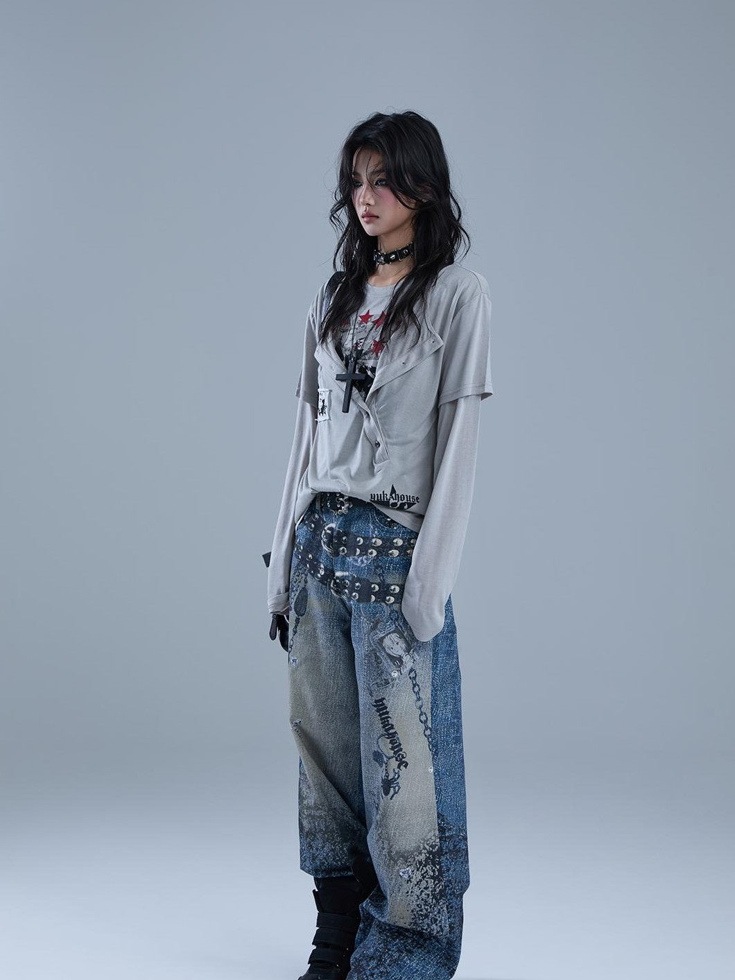 YUKAHOUSE Y2k Patchwork Print Faux Layered Gothic Women's Lyocell Long Sleeve T-shirts