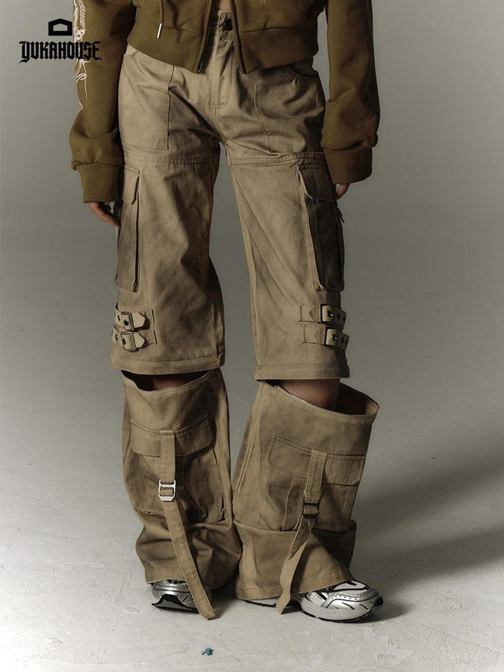 YUKAHOUSE Yellow Washed Distressed Utility Women's 100 Percent Cotton Wide-leg Pants