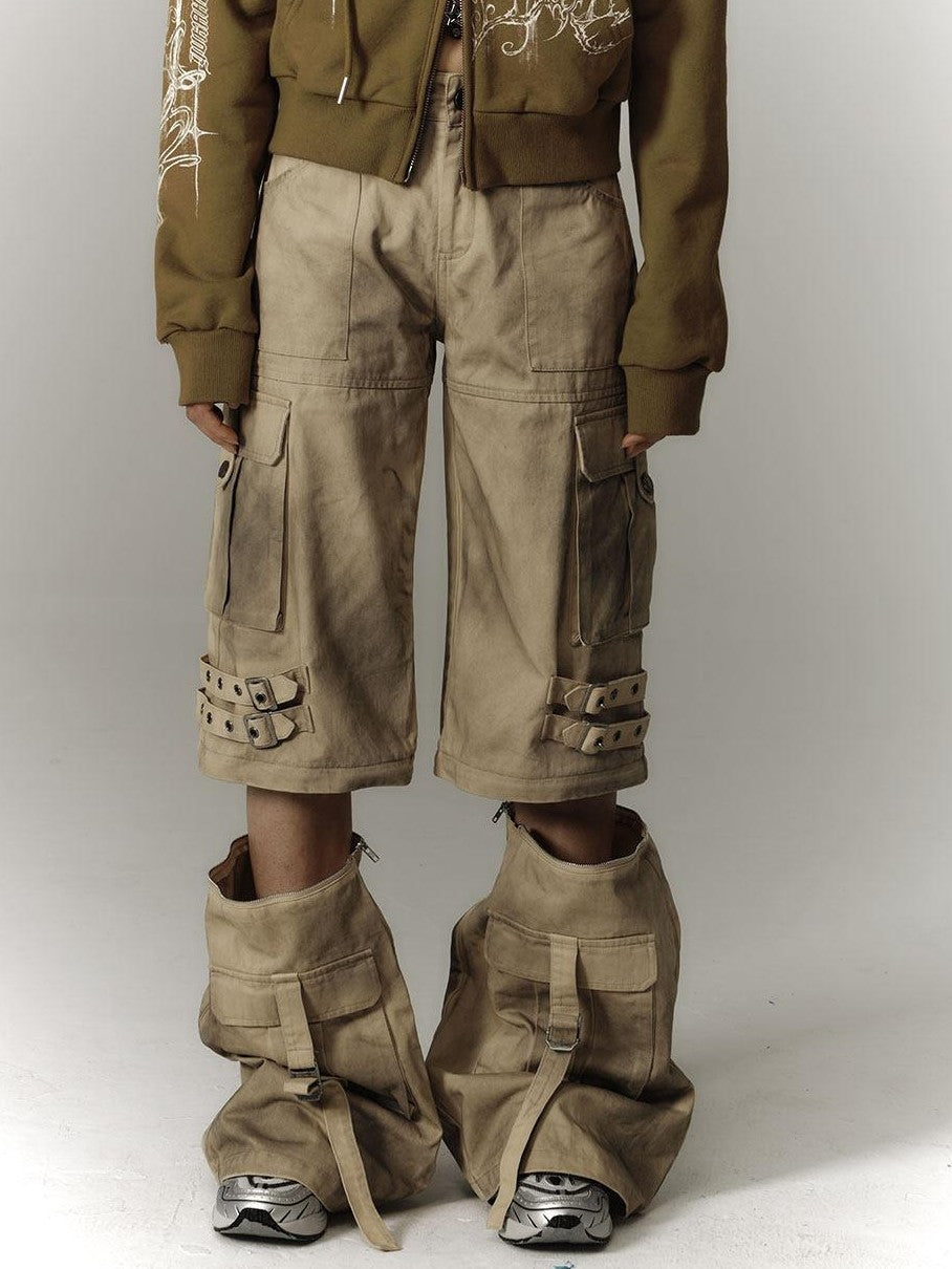 YUKAHOUSE Yellow Washed Distressed Utility Women's 100 Percent Cotton Wide-leg Pants