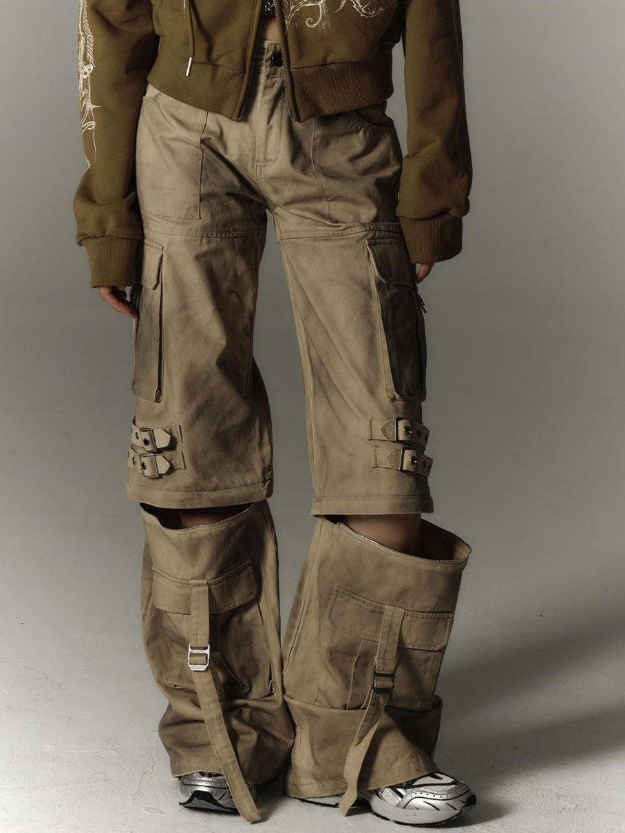 YUKAHOUSE Yellow Washed Distressed Utility Women's 100 Percent Cotton Wide-leg Pants