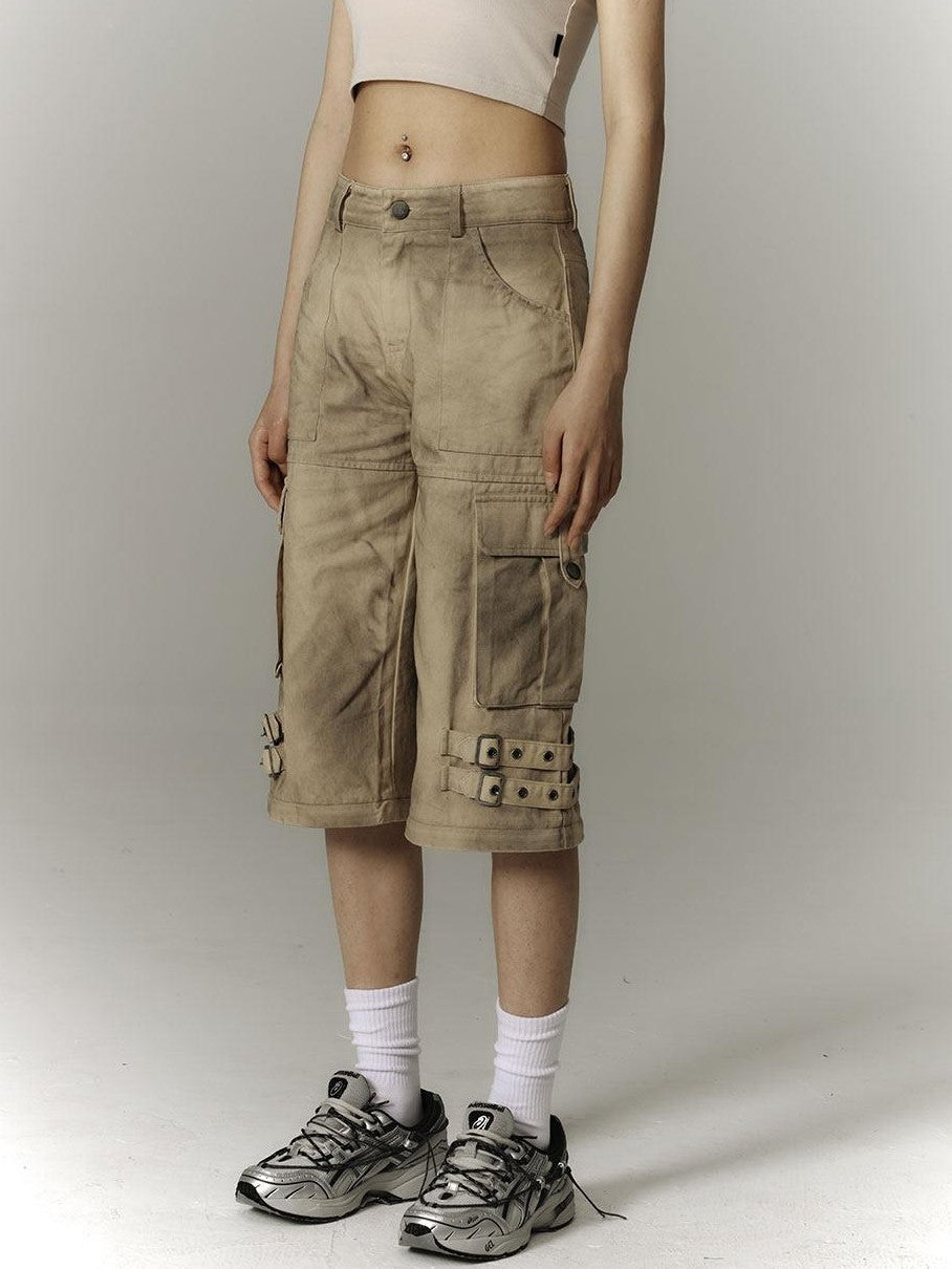 YUKAHOUSE Yellow Washed Distressed Utility Women's 100 Percent Cotton Wide-leg Pants
