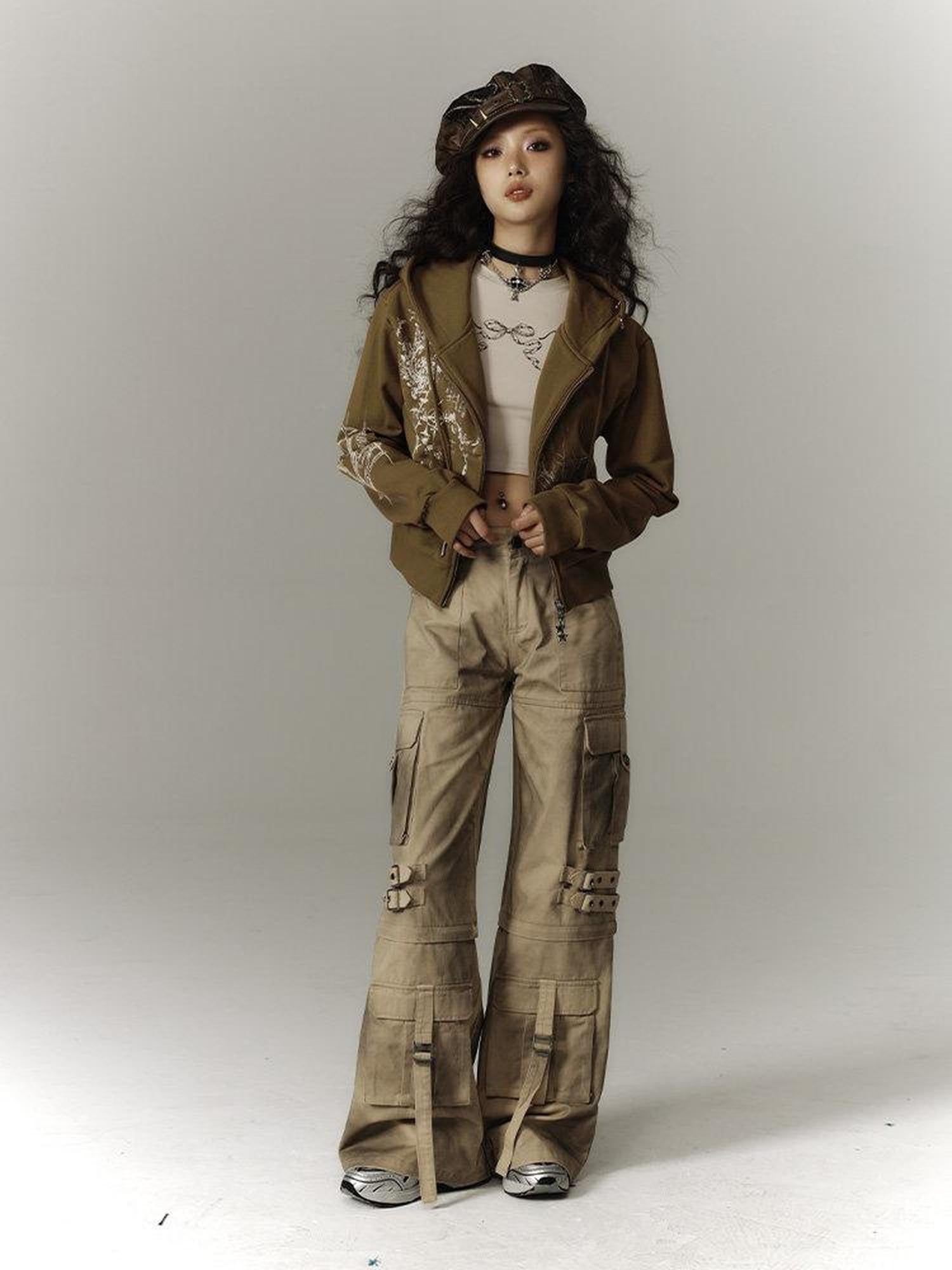YUKAHOUSE Yellow Washed Distressed Utility Women's 100 Percent Cotton Wide-leg Pants