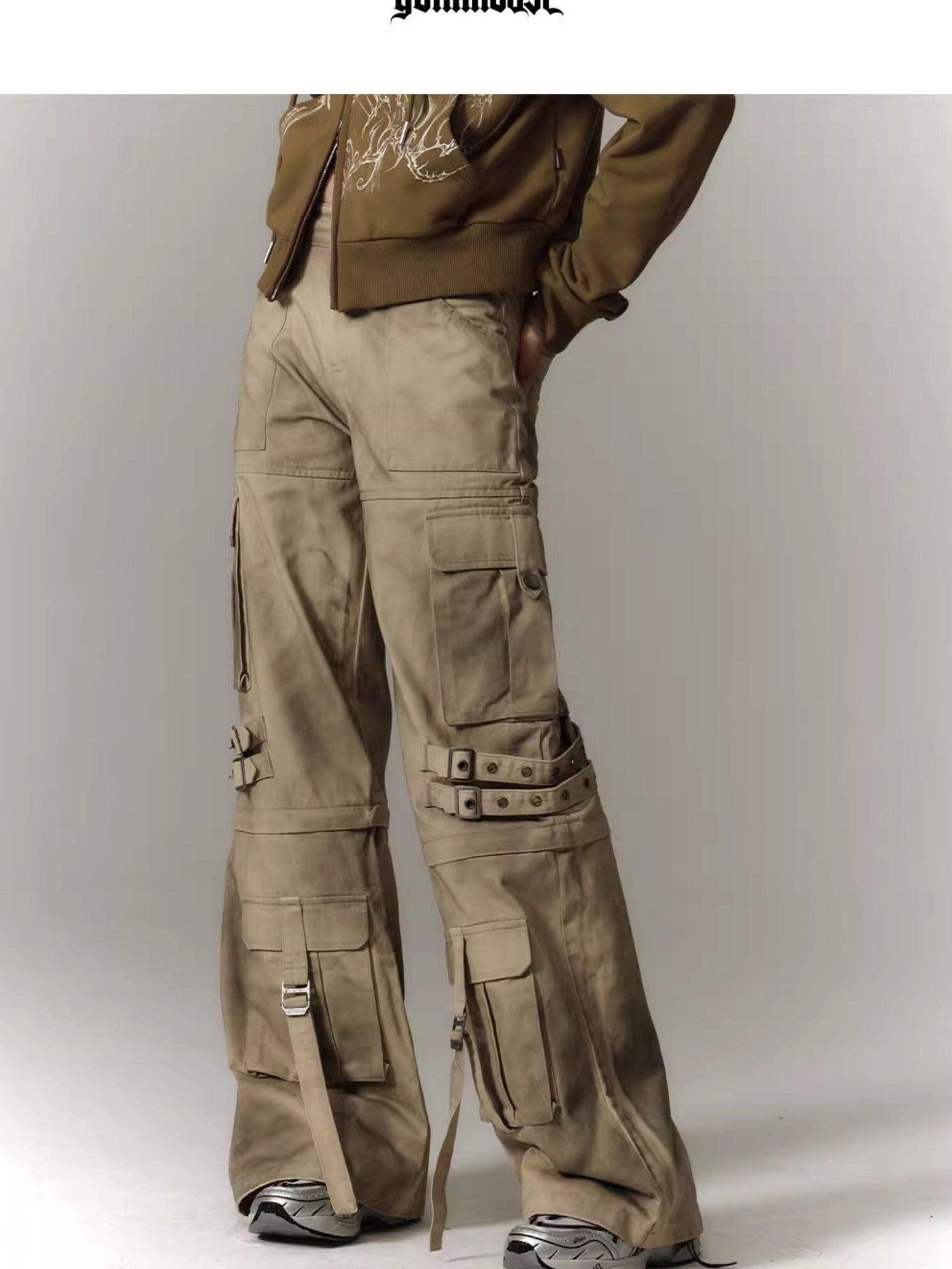 YUKAHOUSE Yellow Washed Distressed Utility Women's 100 Percent Cotton Wide-leg Pants