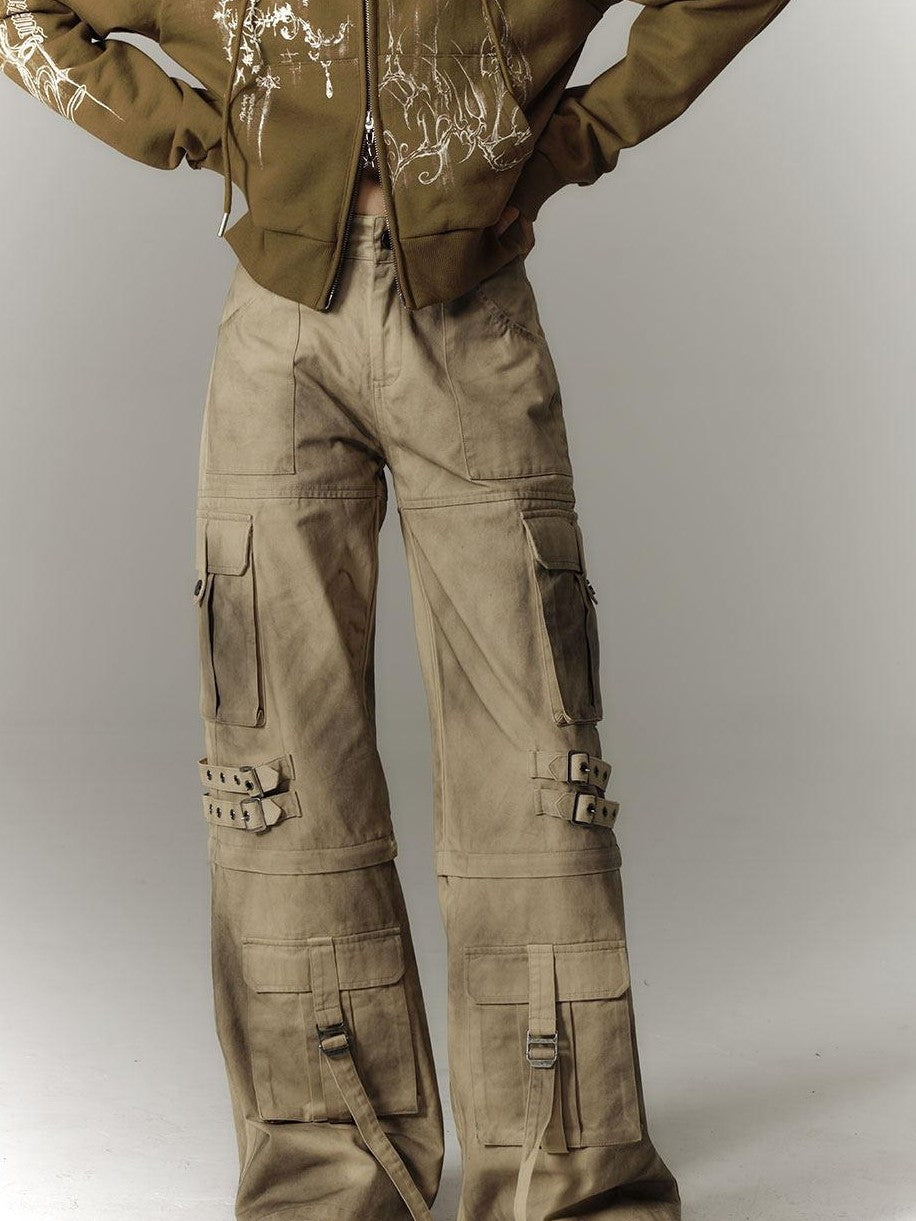 YUKAHOUSE Yellow Washed Distressed Utility Women's 100 Percent Cotton Wide-leg Pants