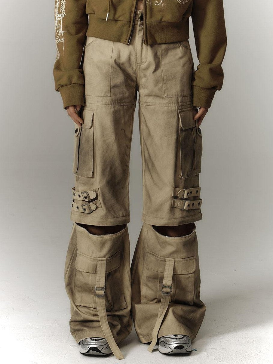 YUKAHOUSE Yellow Washed Distressed Utility Women's 100 Percent Cotton Wide-leg Pants