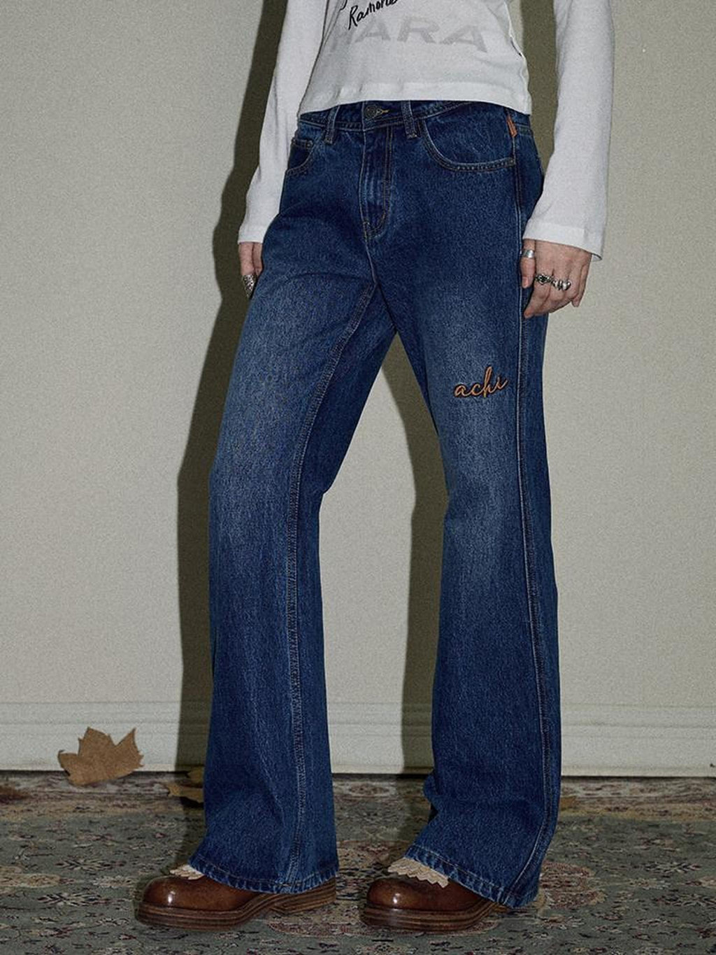 Achihara Slight Embroidered Distressed Wash Slim Women'S Denim Flare Jeans