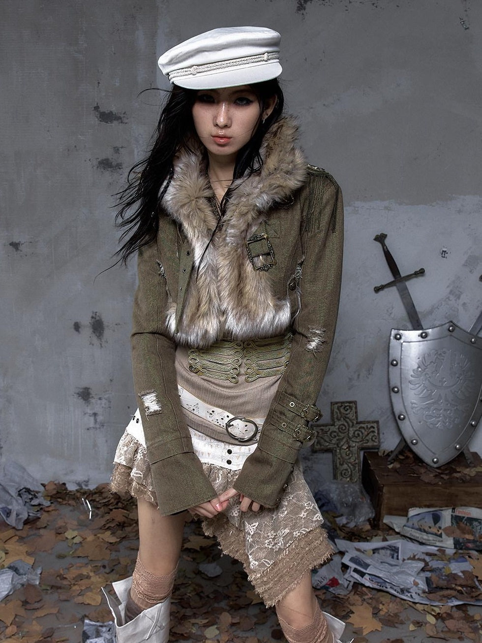 NO ROMANCE Distressed Vintage Slim Fit Cropped Long Sleeve Women Gold Khaki Casual Jackets