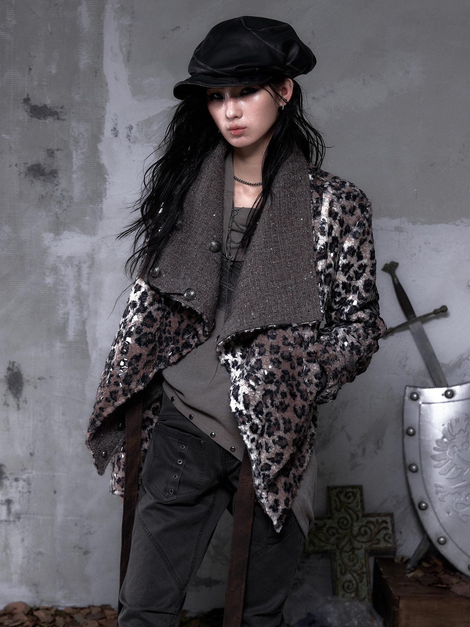 NO ROMANCE Reversible Leopard Print Loose Fit Lapel Long Sleeve Womens Tweed Jackets