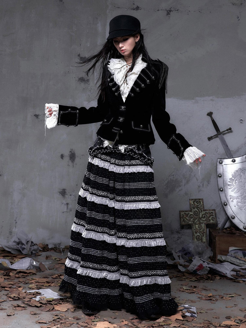 NO ROMANCE High Waist Victorian Lace Patchwork Pu Panel A Line Women Black Maxi Skirts