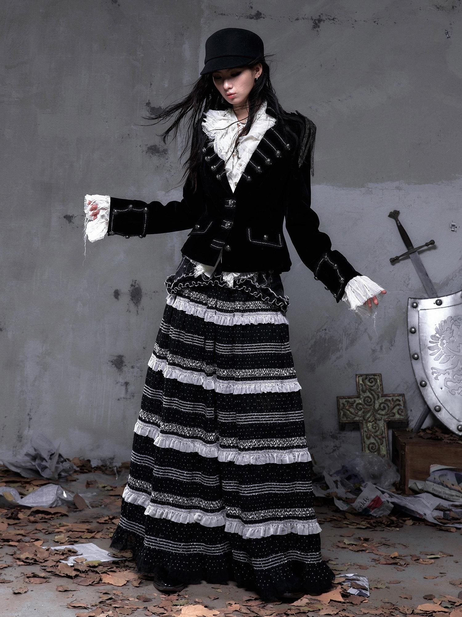 NO ROMANCE High Waist Victorian Lace Patchwork Pu Panel A Line Women Black Maxi Skirts