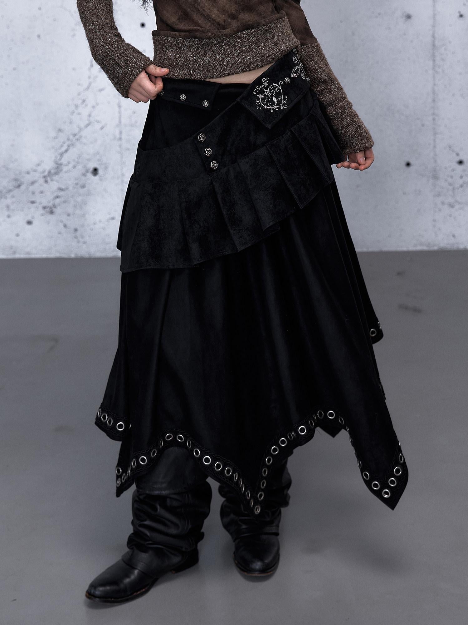 NO ROMANCE Edgy Asymmetrical High Waist A Line Loose Gothic Pu Suede Patchwork Maxi Skirts
