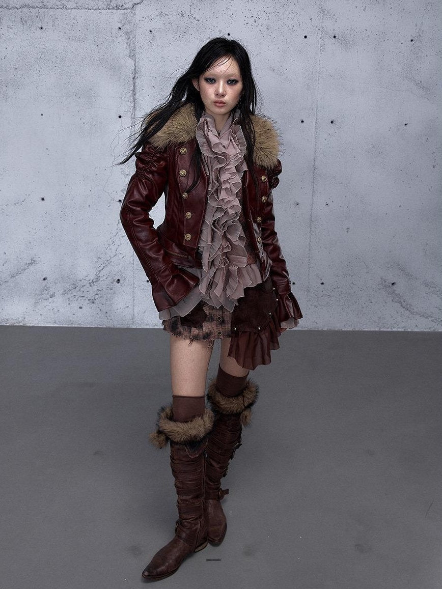 NO ROMANCE Removable Punk Style Regular Fit Women Burgundy Button Front Casual Jackets