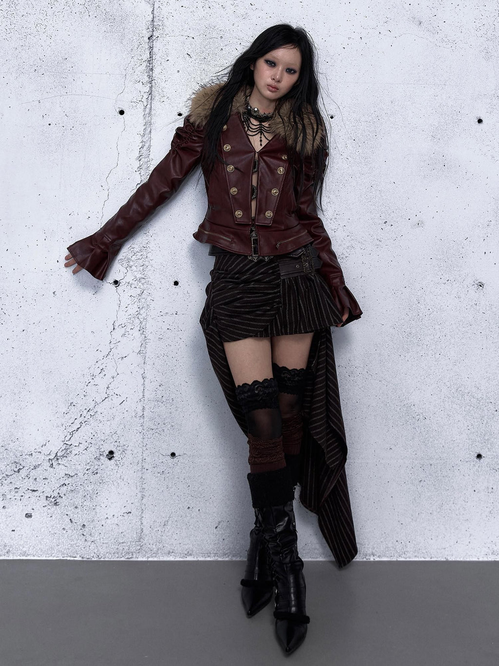 NO ROMANCE Removable Punk Style Regular Fit Women Burgundy Button Front Casual Jackets
