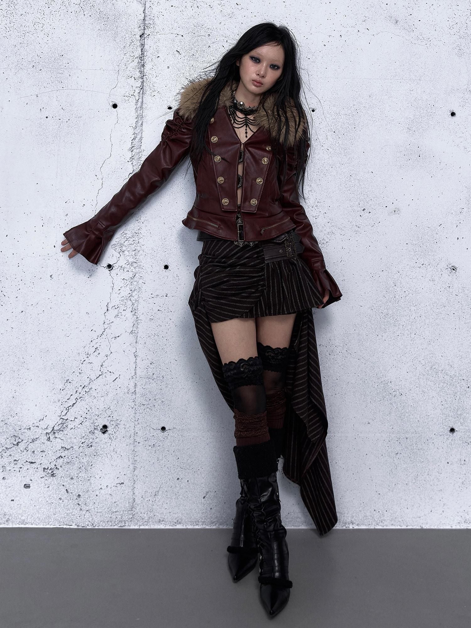 NO ROMANCE Removable Punk Style Regular Fit Women Burgundy Button Front Casual Jackets
