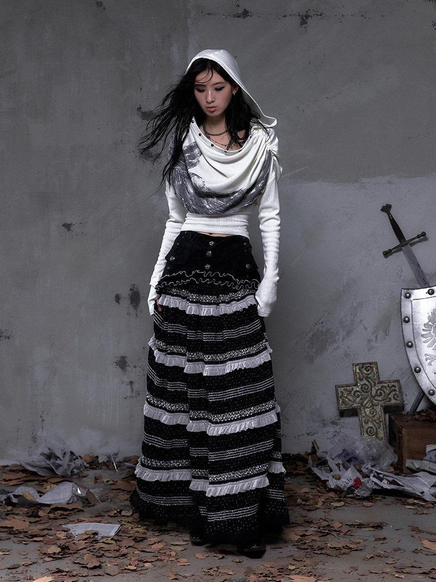 NO ROMANCE High Waist Victorian Lace Patchwork Pu Panel A Line Women Black Maxi Skirts