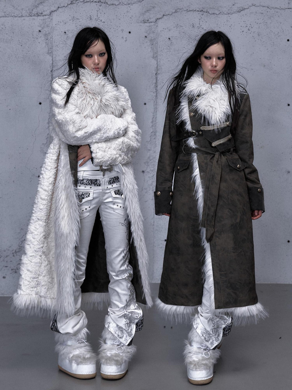 NO ROMANCE Reversible Fur Trim Regal Court Loose Fit Women Black Mint Green Long Coats