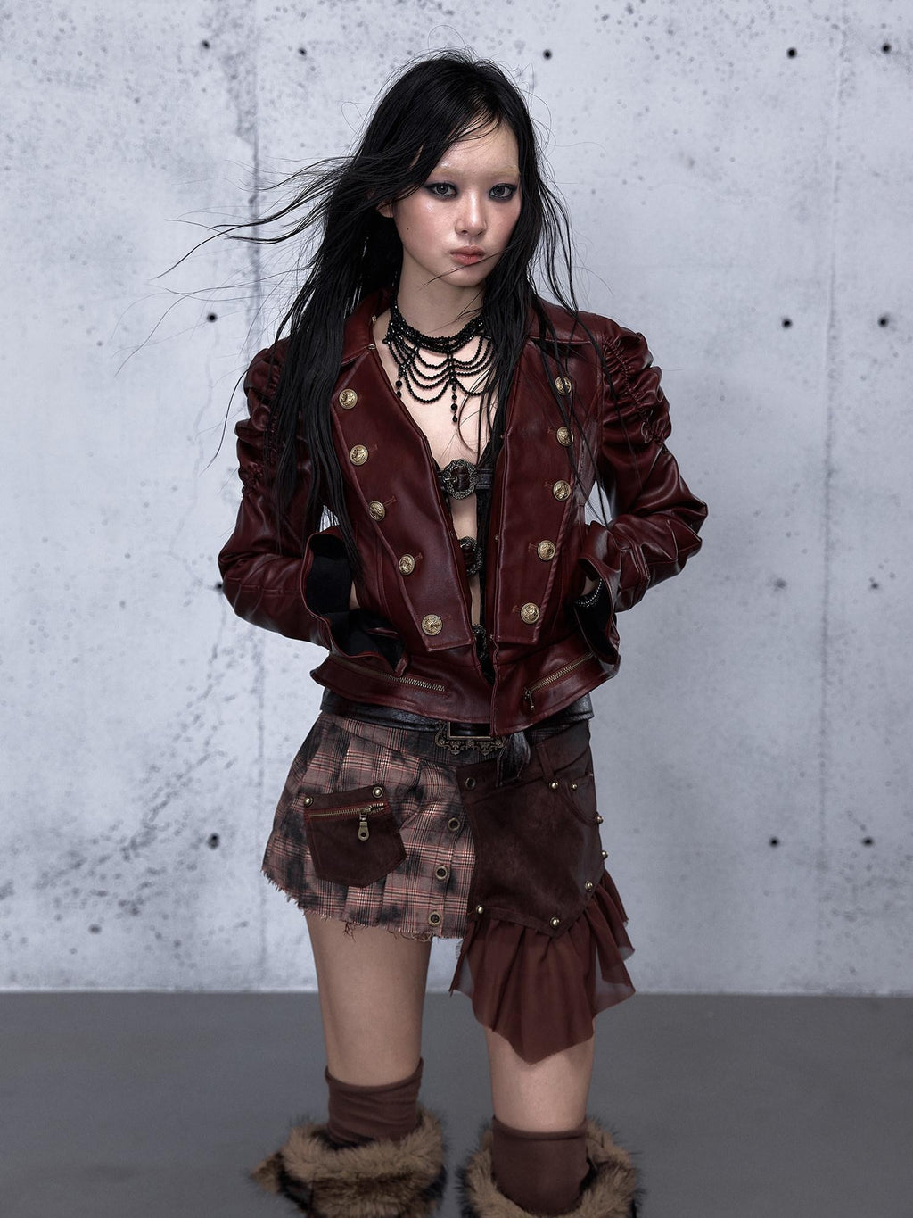 NO ROMANCE Removable Punk Style Regular Fit Women Burgundy Button Front Casual Jackets