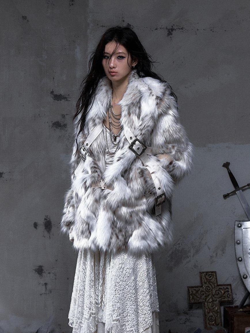 NO ROMANCE Insulated Retro Relaxed Midlength Lapel Fur Trim Women Ivory Puffer Jackets