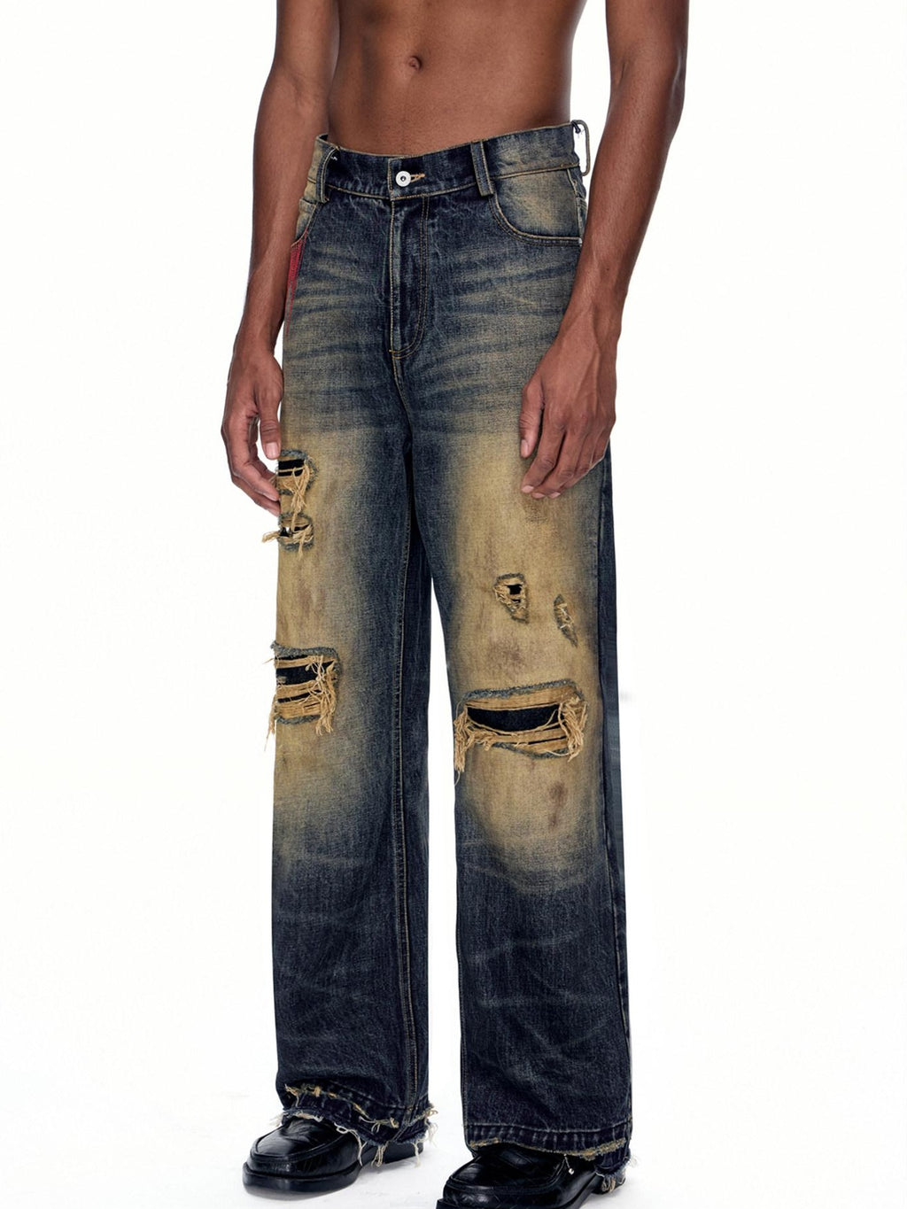 EMOBROTHER Durable 100% Cotton Distressed Washed Mid Rise Casual Blue Straight Jeans