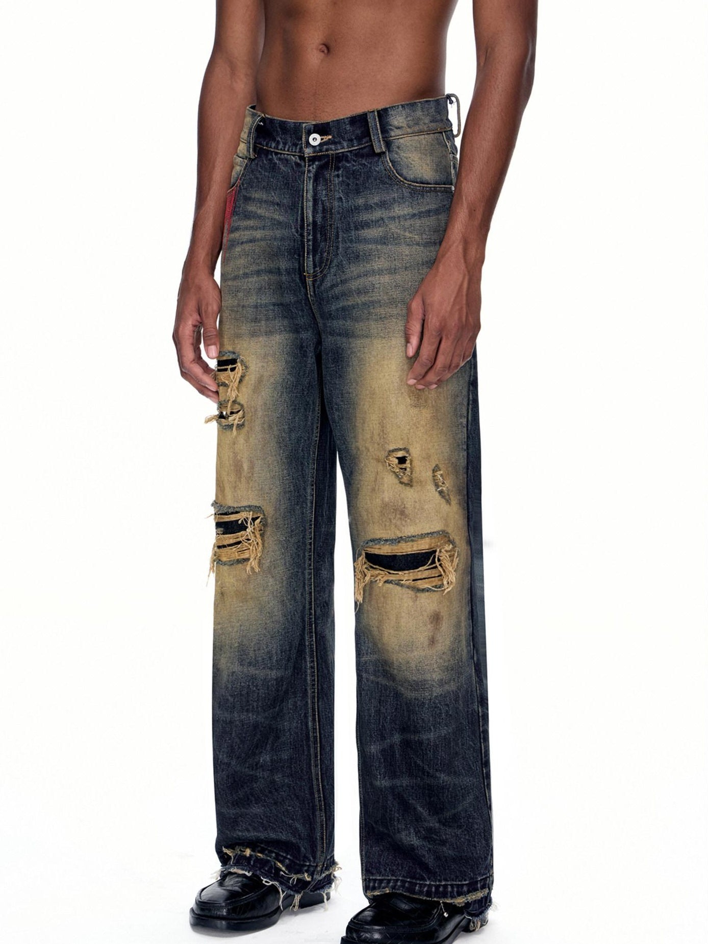EMOBROTHER Durable 100% Cotton Distressed Washed Mid Rise Casual Blue Straight Jeans