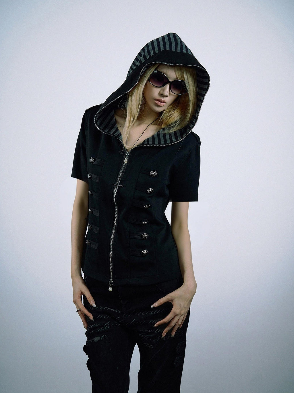 PAIKI 3D Sorona Slim Fit Punk Zip Hood Stripe Unisex Black Short Sleeve T-Shirts