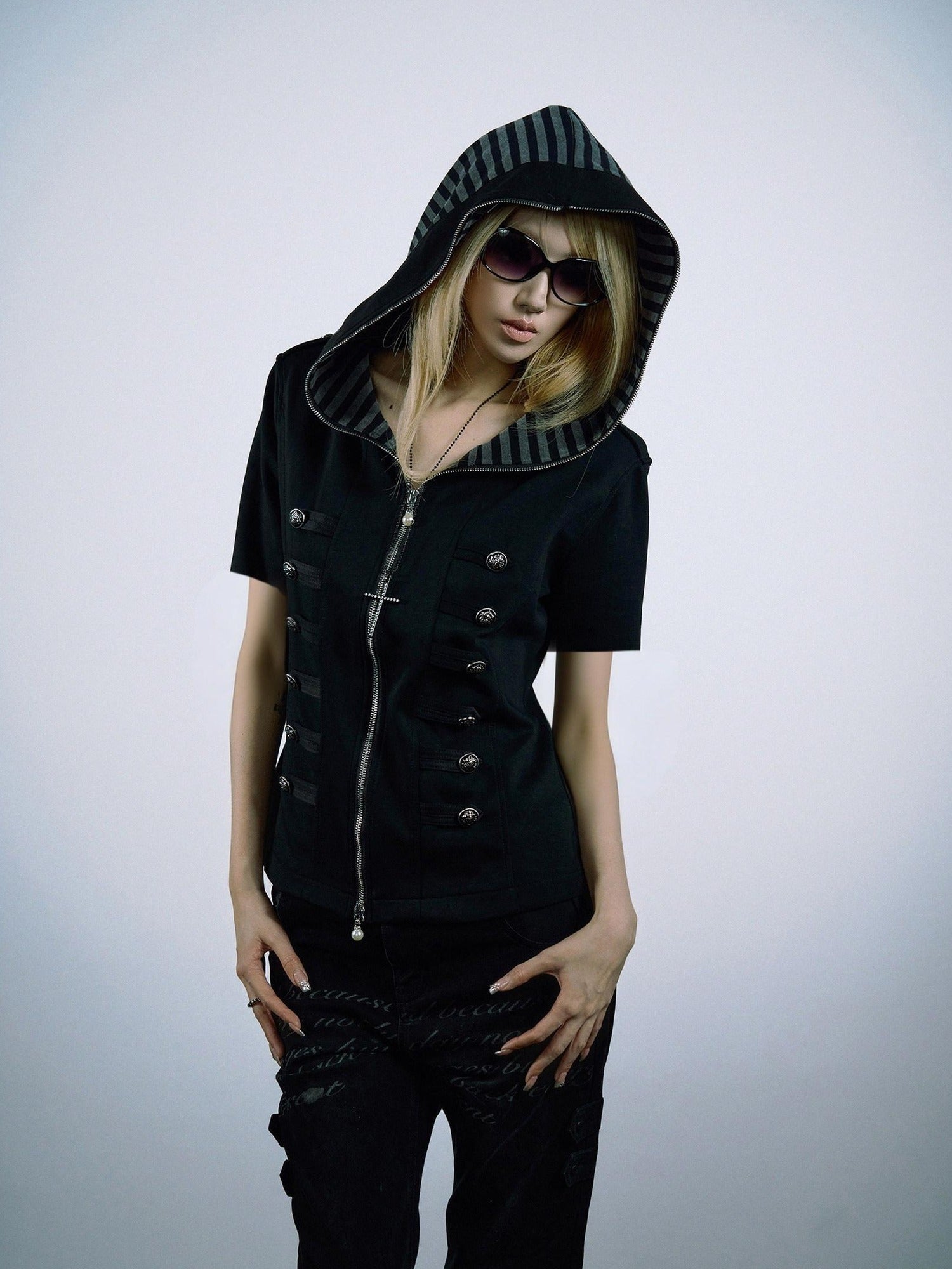 PAIKI 3D Sorona Slim Fit Punk Zip Hood Stripe Unisex Black Short Sleeve T-Shirts