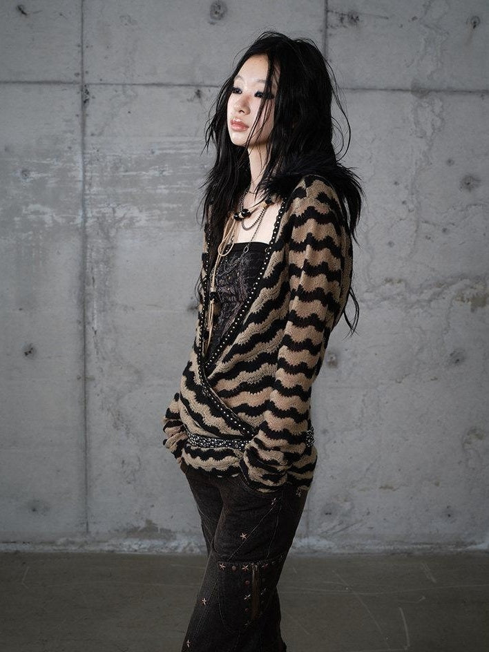 NO ROMANCE Edgy Slim Fit Striped Knit Polyester Long Sleeve Women Layering Cardigans