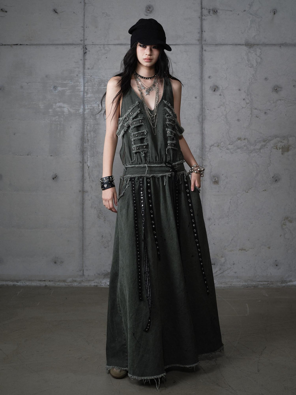 NO ROMANCE Washed Grunge Green Pocketed Punk A Line Loose V-neck Women Casual Midi Dresses