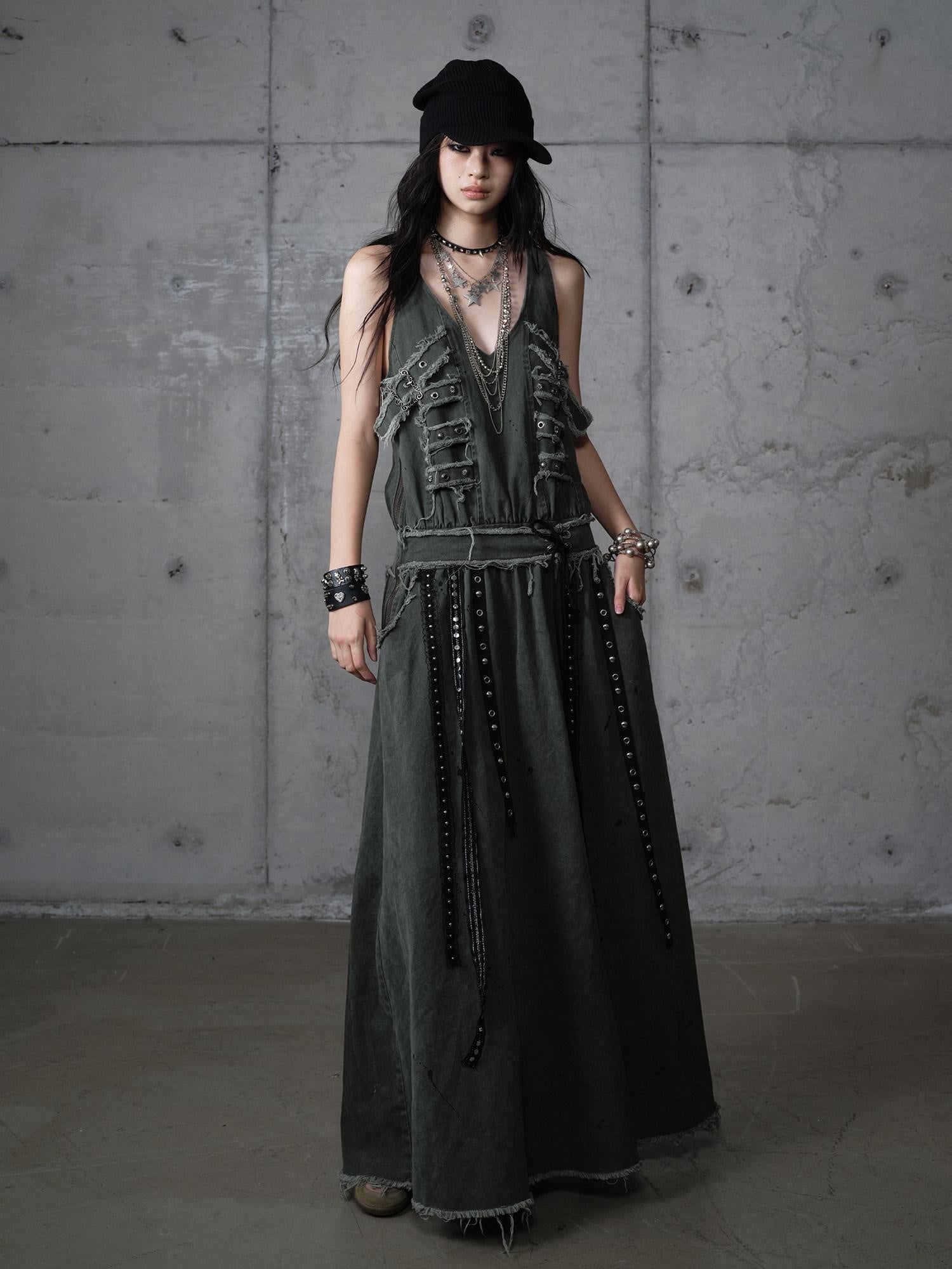 NO ROMANCE Washed Grunge Green Pocketed Punk A Line Loose V-neck Women Casual Midi Dresses