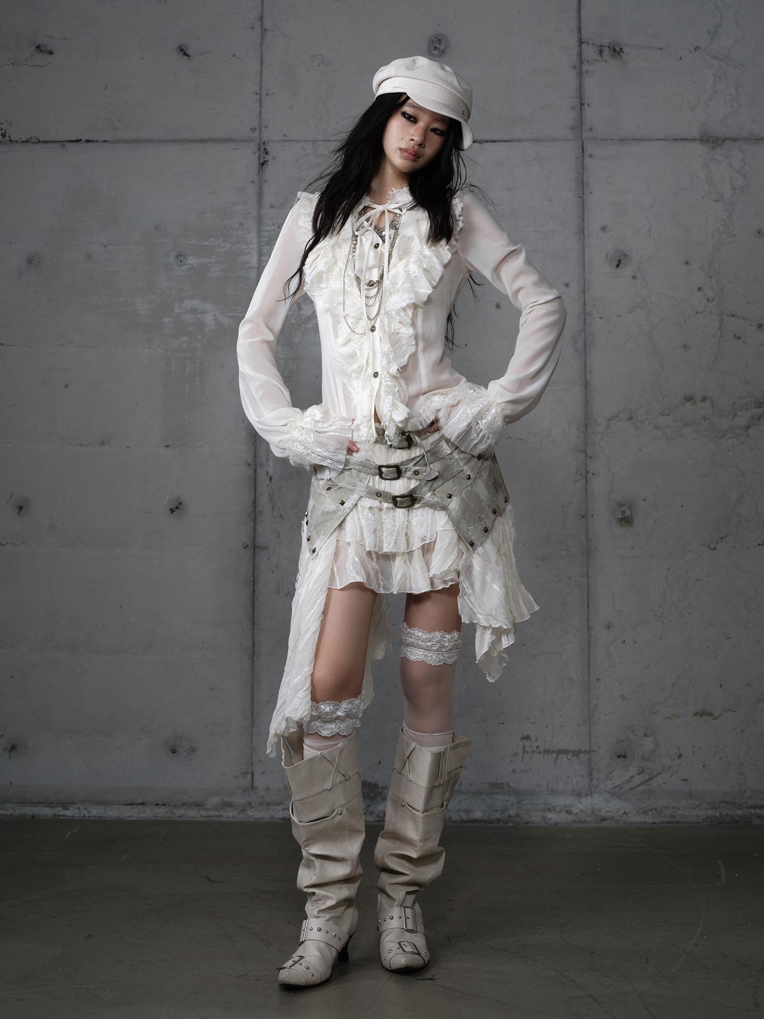 NO ROMANCE Slimming Vintage Slim Fit Ruffle Stand Collar Chiffon Long Sleeve Women Blouses