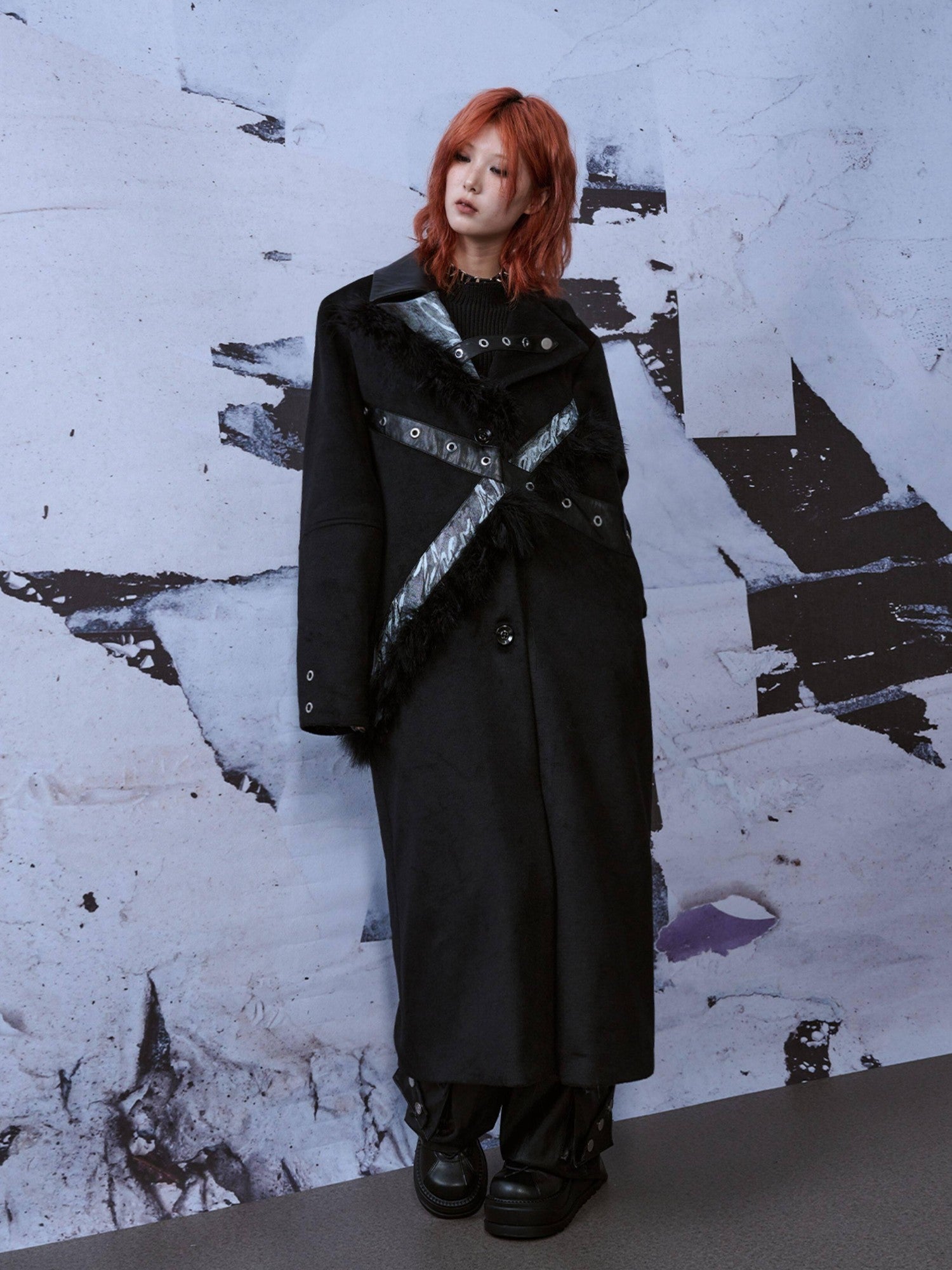 Frustration Garden Punk Street Straight Long Blazer Collar Patchwork Asymmetrical Youth Wool Coats