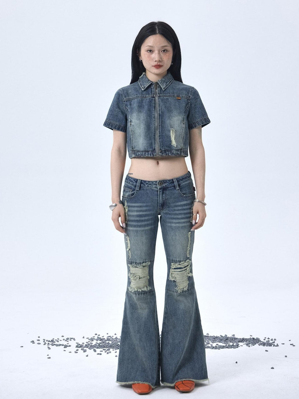 Achihara Vintage Washed Distressed Ripped Low Rise Women'S Denim Flare Jeans