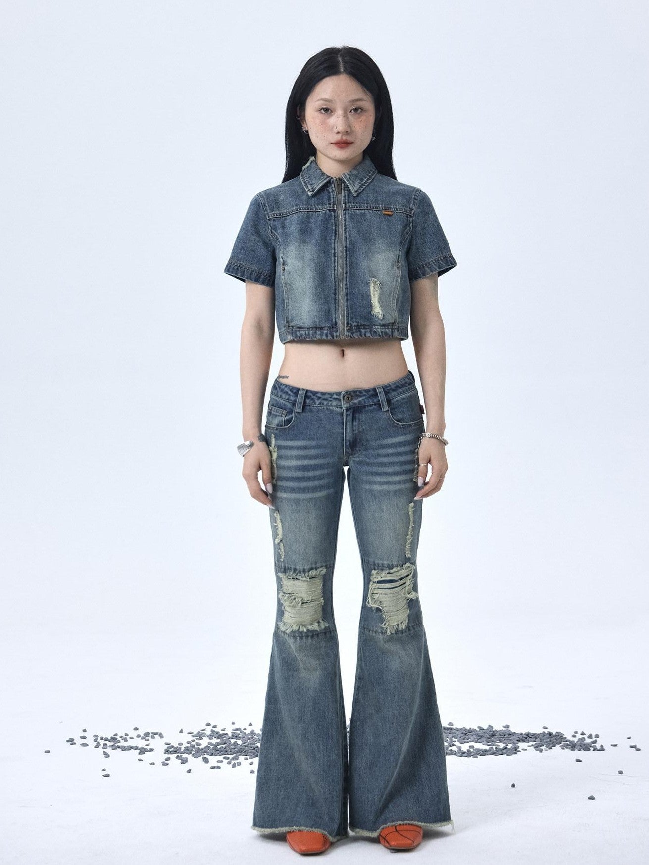 Achihara Vintage Washed Distressed Ripped Low Rise Women'S Denim Flare Jeans