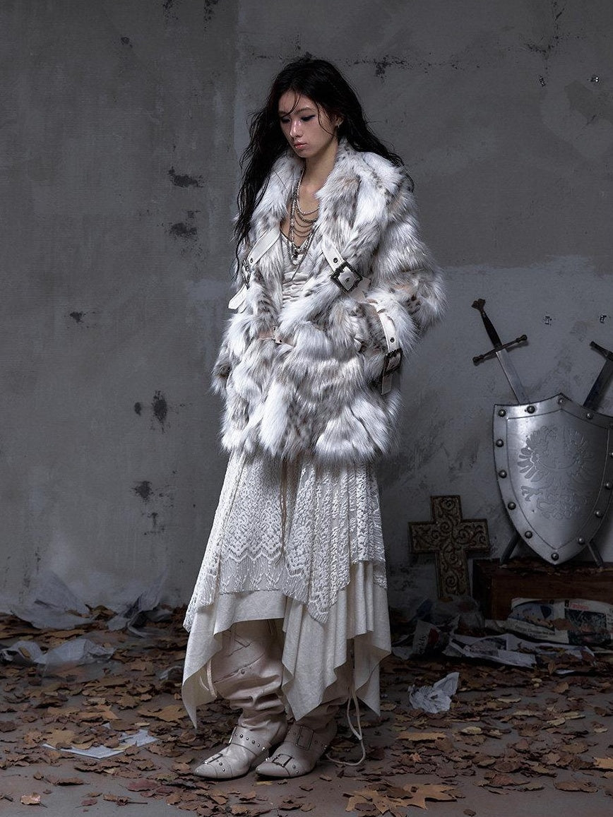 NO ROMANCE Insulated Retro Relaxed Midlength Lapel Fur Trim Women Ivory Puffer Jackets