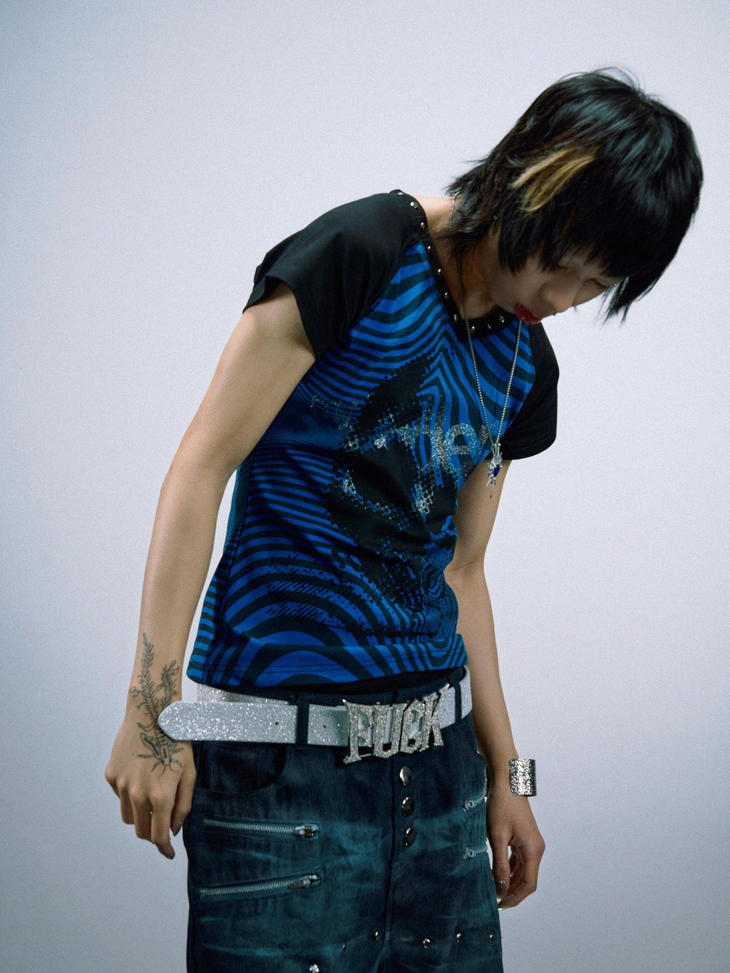 PAIKI Sorona Slim Fit Skull Print Rock Crewneck Unisex Blue Short Sleeve T-Shirts