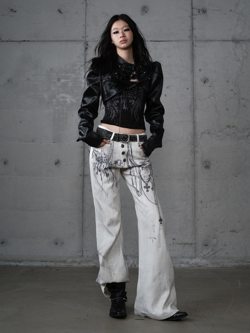 NO ROMANCE Cropped Pu Punk Stand Collar Snap Closure Women Regular Fit Track Jackets