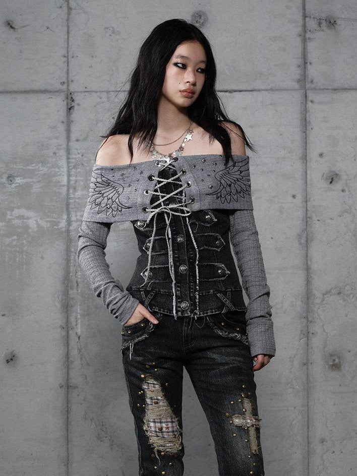 NO ROMANCE Vintage Patchwork Rhinestone Knit Women Washed Gray Long Sleeve T-Shirts