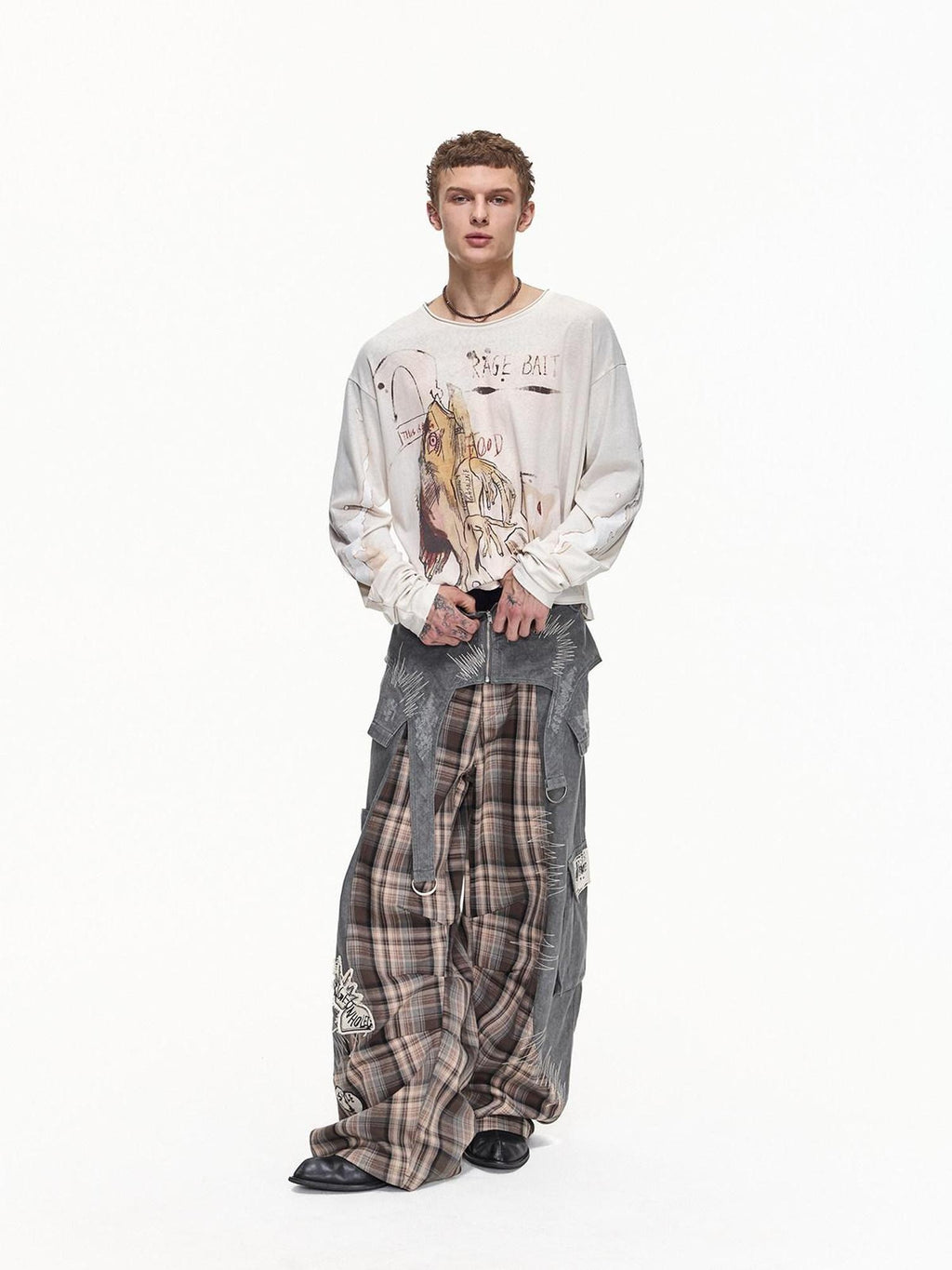 EMOBROTHER Wrinkle Free Embroidered Cargo Mid Rise Cotton Gray Casual Wide-Leg Pants
