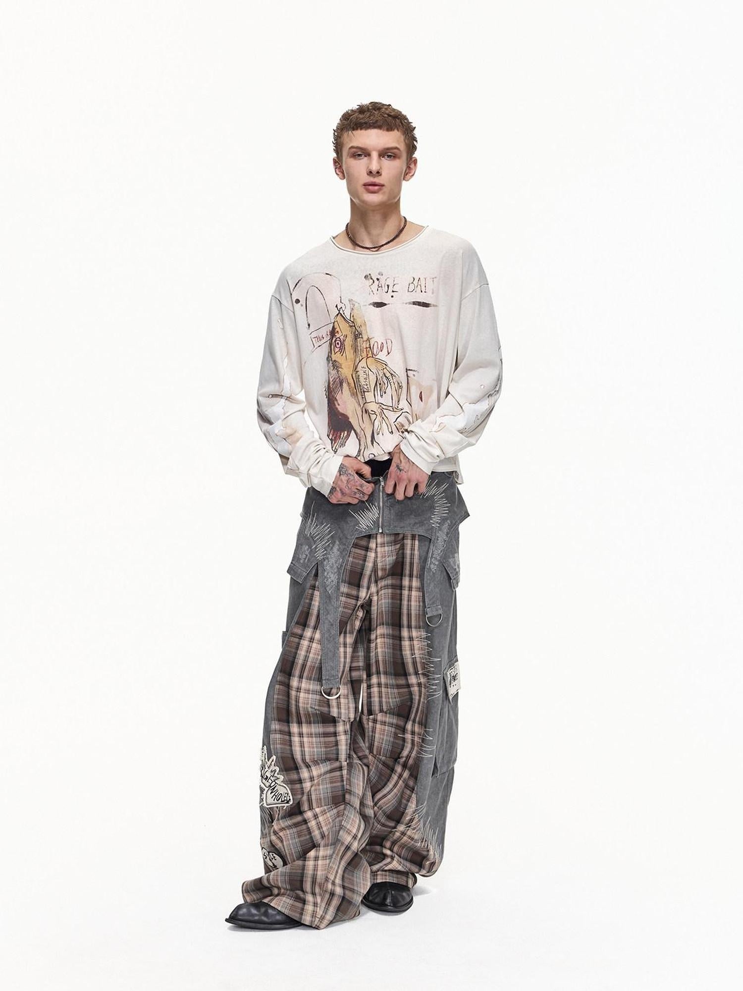 EMOBROTHER Wrinkle Free Embroidered Cargo Mid Rise Cotton Gray Casual Wide-Leg Pants