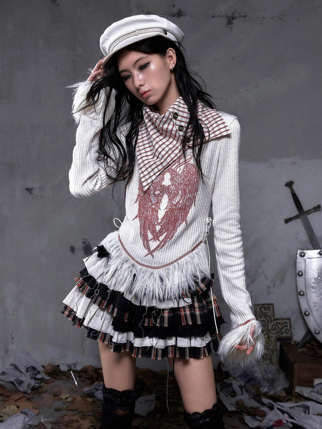 NO ROMANCE Vintage Slim Fit Printed Polo Collar Women Casual Red White Long Sleeve T-Shirts