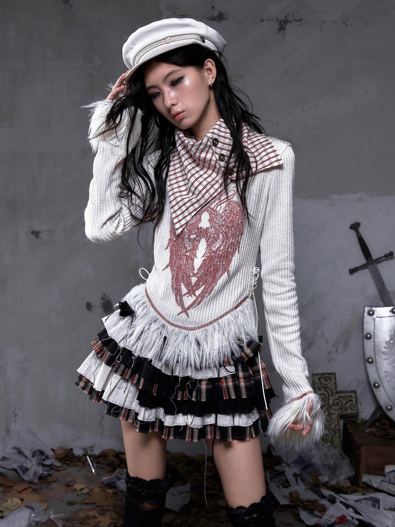 NO ROMANCE Vintage Slim Fit Printed Polo Collar Women Casual Red White Long Sleeve T-Shirts